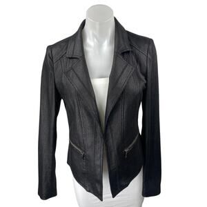 Charlie B Black Faux Vegan Leather Long Sleeve Collared Moto Coat Jacket Size XS